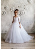 Elbow Sleeve White Lace Tulle Flower Girl Dress